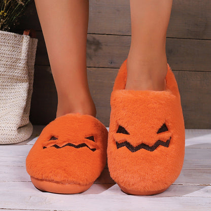 Loom & Soul Halloween Pumpkin Slippers – Women’s Winter Warm Plush Indoor Slippers, Non-Slip Cozy House Shoes (
