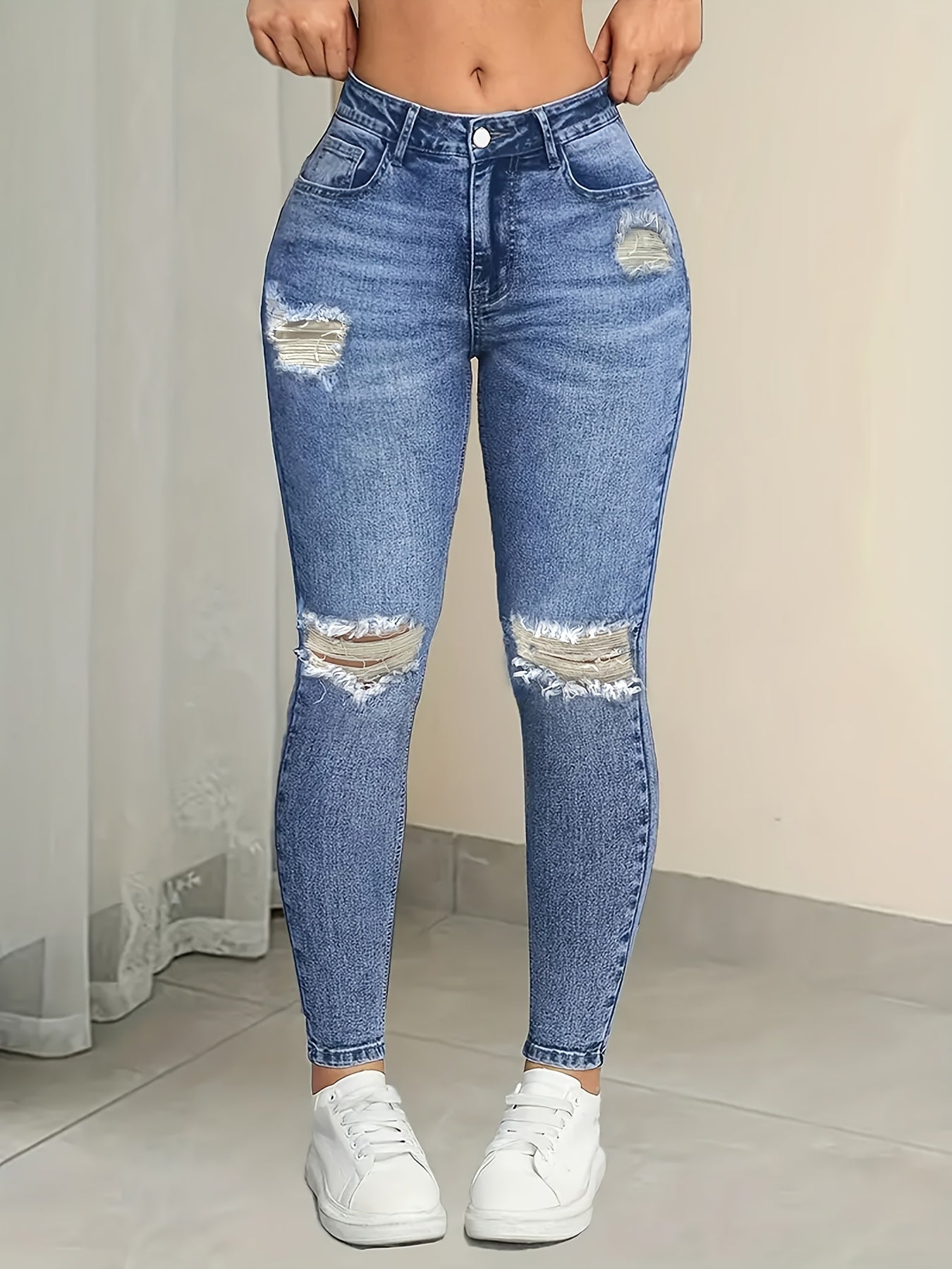 Women’s High-Waist Ripped Skinny Jeans – Stretch Denim Pencil Pants