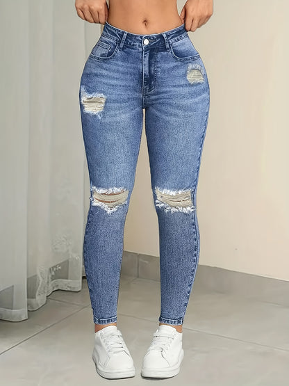 Women’s High-Waist Ripped Skinny Jeans – Stretch Denim Pencil Pants