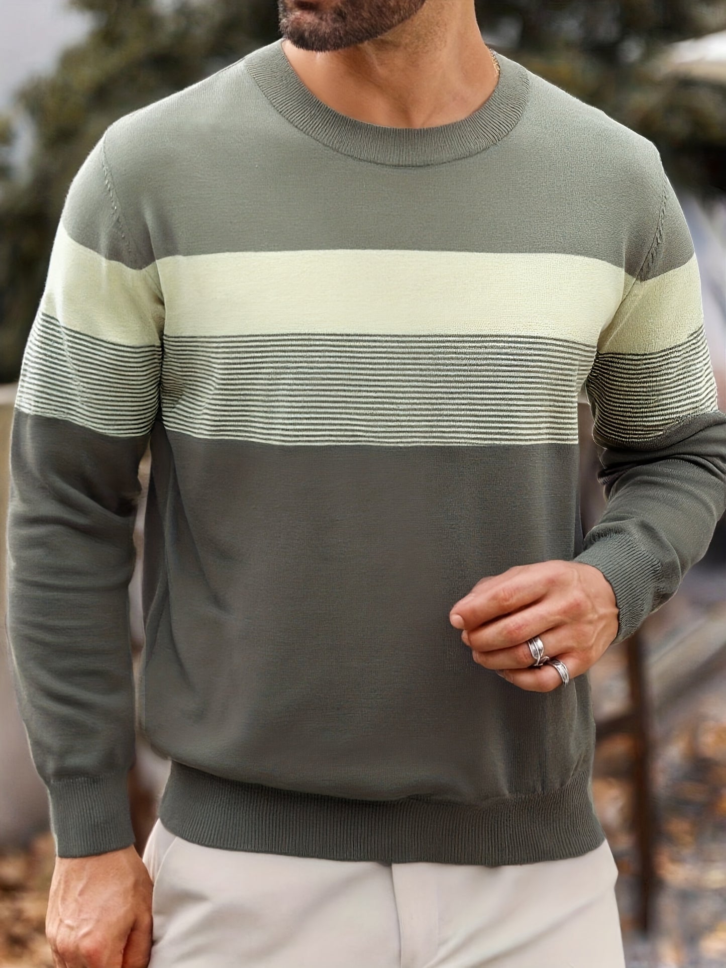 Suéter tipo jersey de punto a rayas para hombre – Clásico, manga larga, cuello redondo