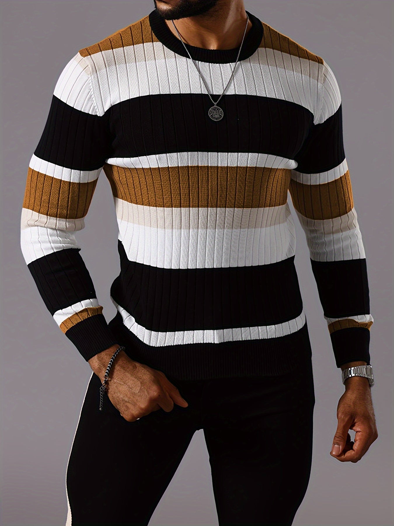 Men’s Striped Ribbed Knit Sweater – Color-Block Fall Winter Pullover