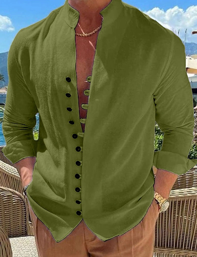 Chemise homme col mao en coton et lin – Cardigan décontracté coupe ample