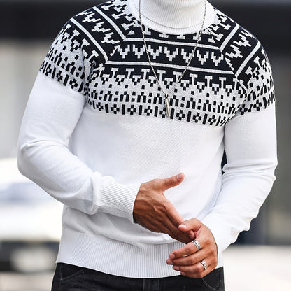 Suéter de cuello alto geométrico para hombre - Suéter informal de punto para otoño e invierno