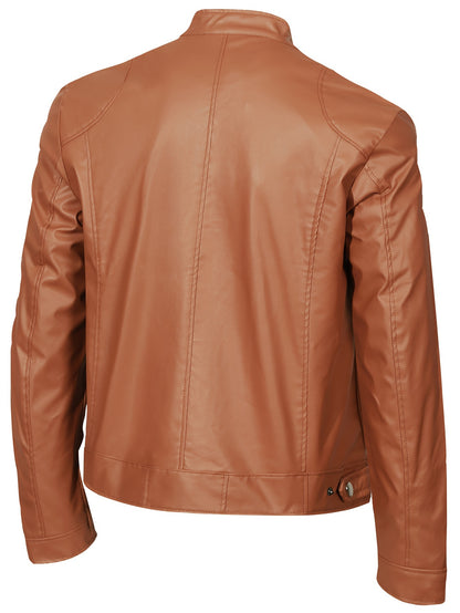 Men’s Full-Zip Motorcycle Jacket – Brown PU Leather Stand Collar Coat
