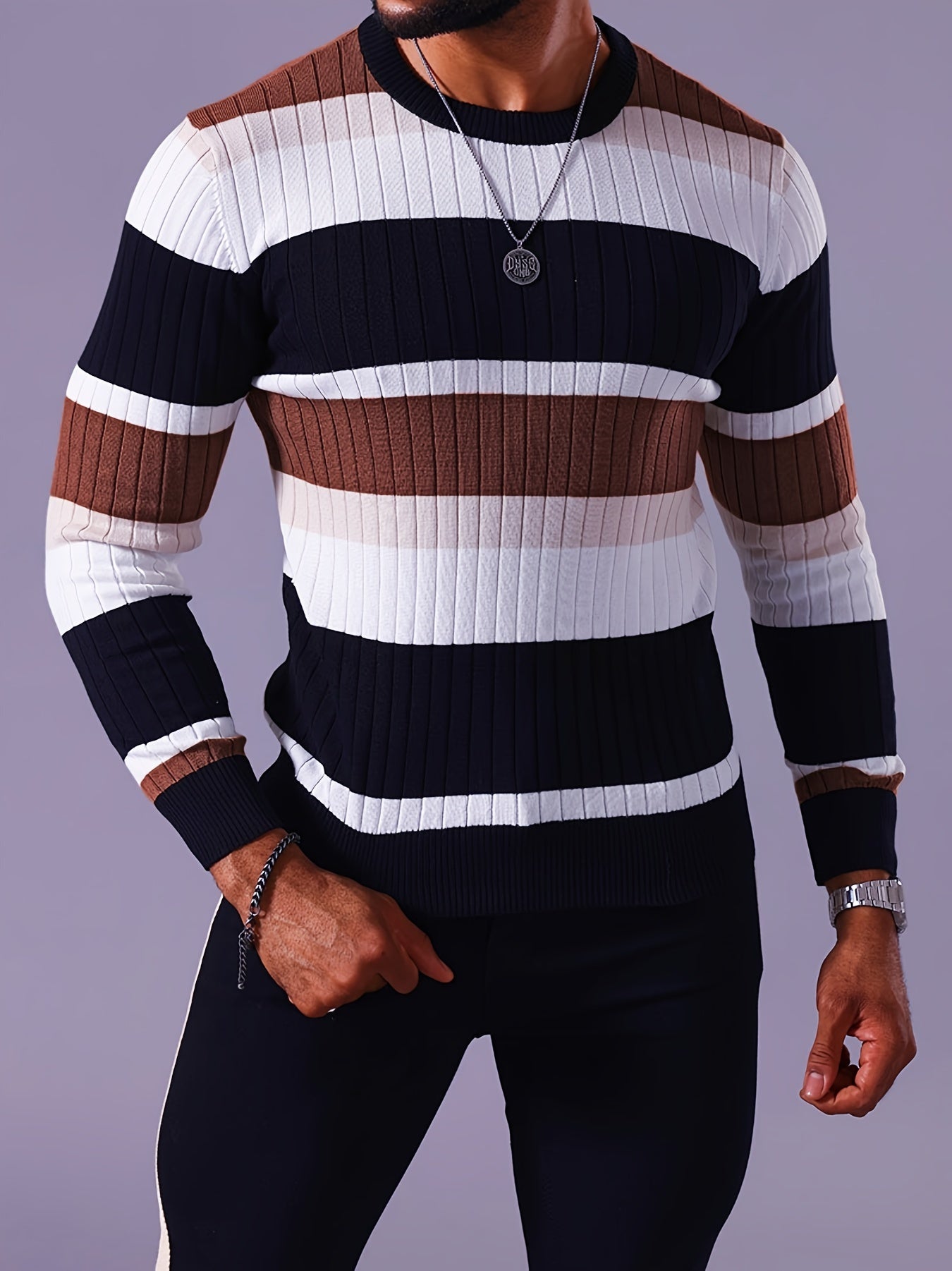 Men’s Striped Ribbed Knit Sweater – Color-Block Fall Winter Pullover