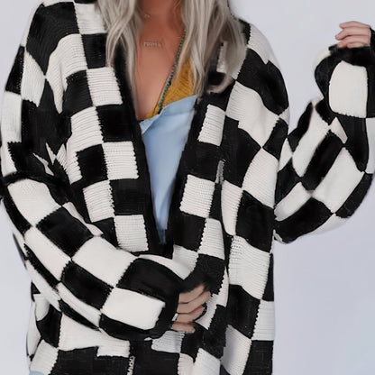 Red & White Gingham Cardigan – Women’s Cozy Fall/Winter Knit Sweater