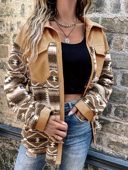 Women’s Geometric Fleece Jacket – Warm Color Block Winter Coat