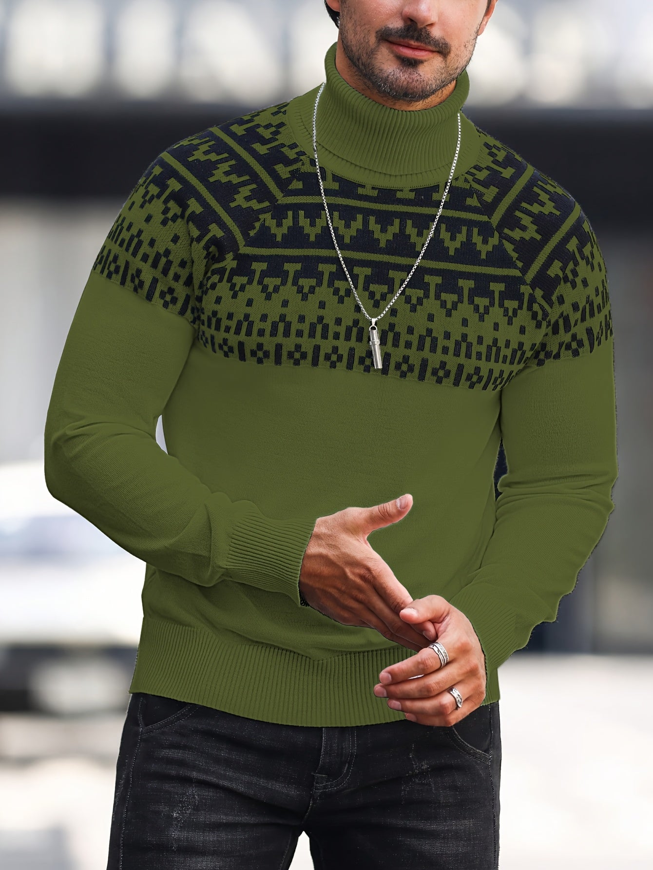 Suéter de cuello alto geométrico para hombre - Suéter informal de punto para otoño e invierno