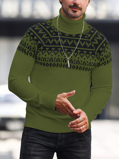 Suéter de cuello alto geométrico para hombre - Suéter informal de punto para otoño e invierno