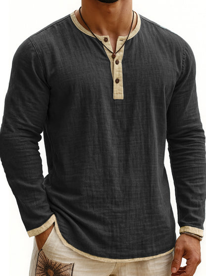 Camiseta Henley de manga larga con estampado digital bicolor para hombre – Corte ajustado de 3 botones