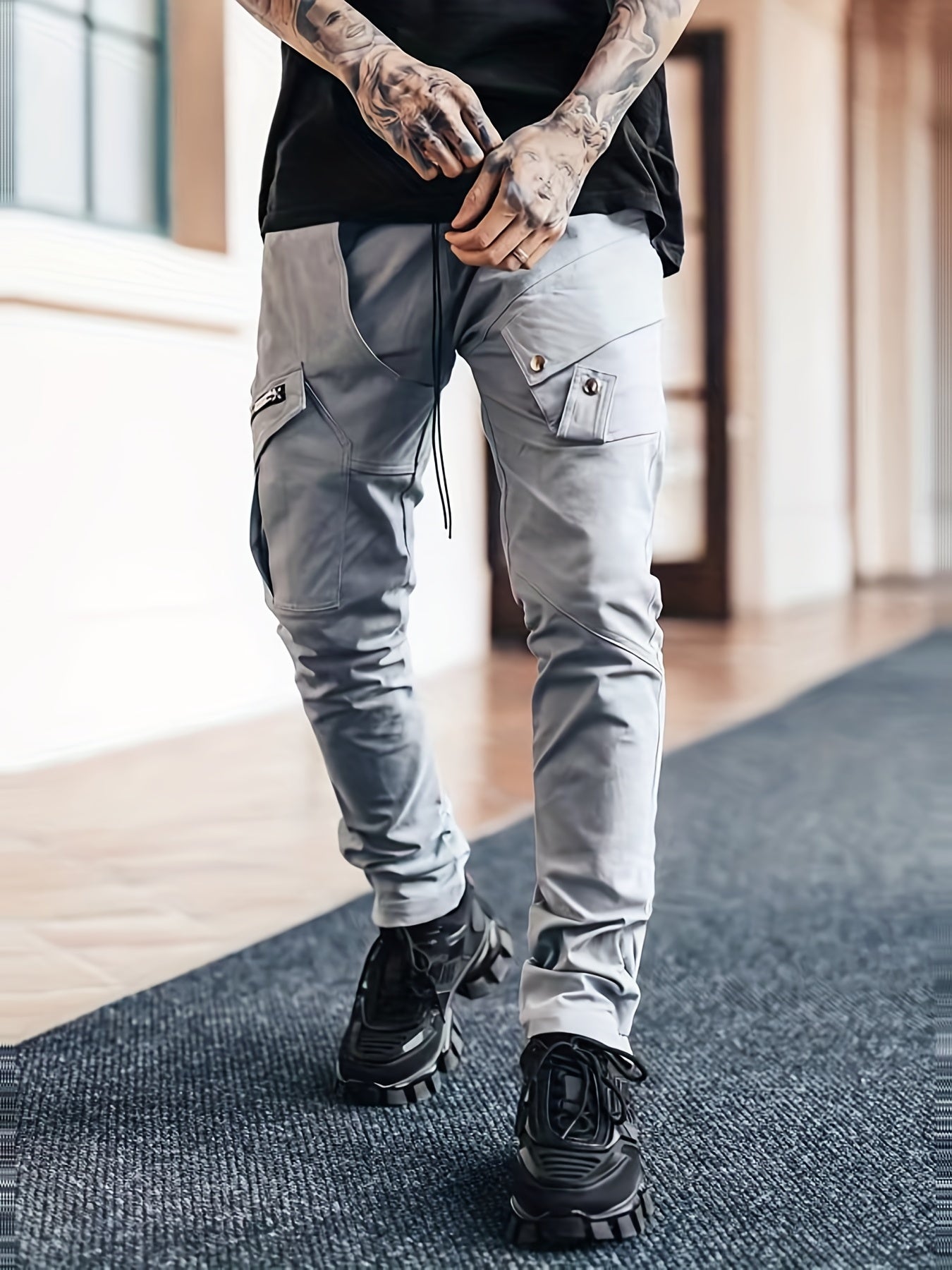 Men’s Black Cargo Pants – Multi-Pocket Drawstring Streetwear Trousers