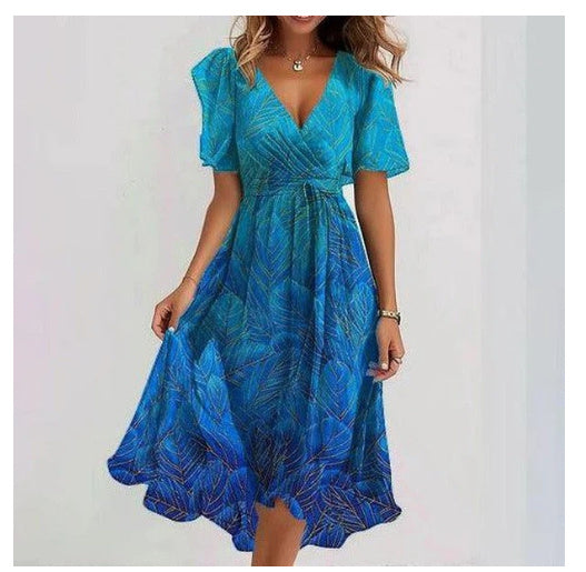 Loom & Soul™ Chiffon Floral Dress – Women’s Elegant V-Neck Short Sleeve Summer Midi Dress