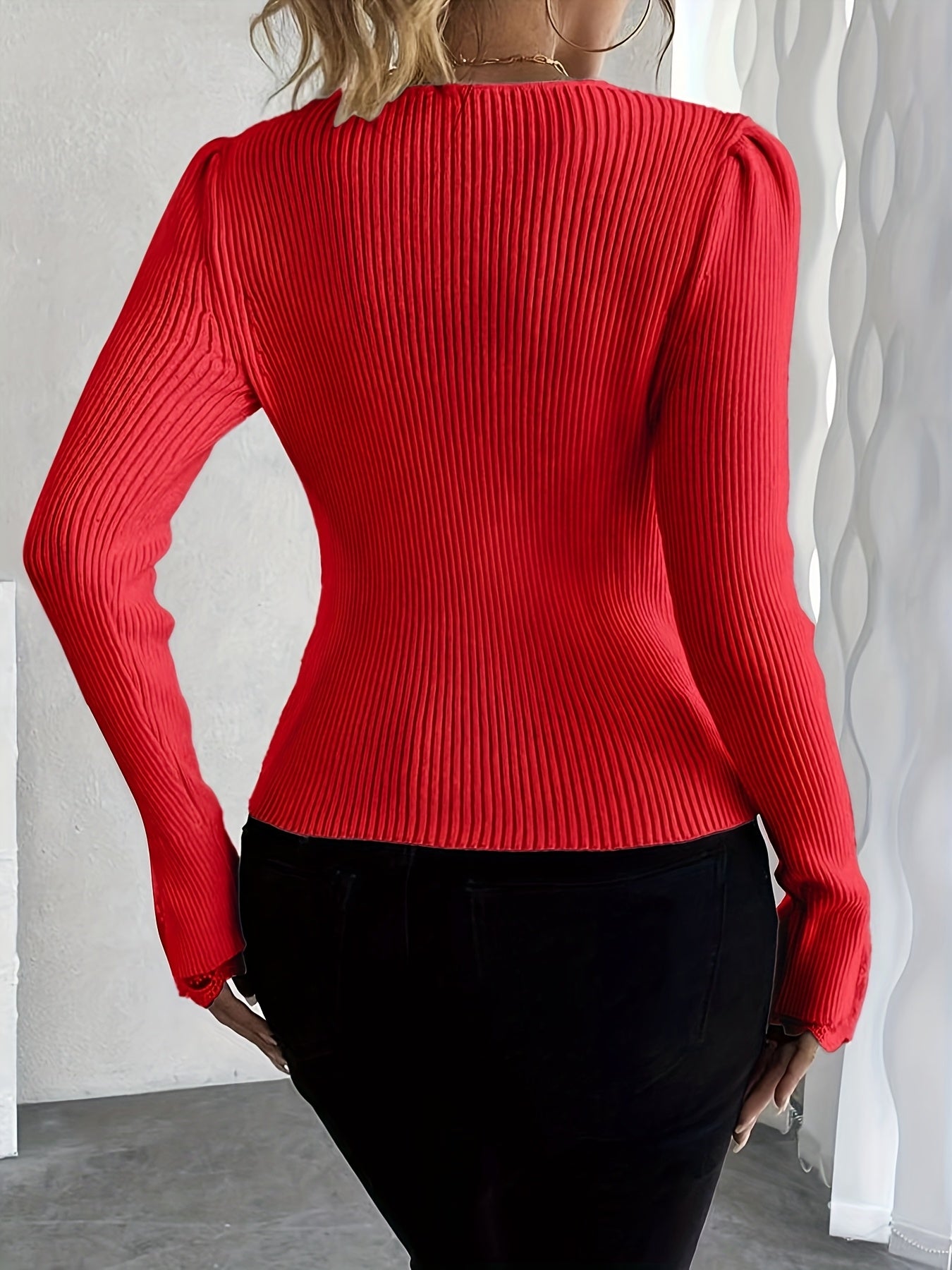 Women’s Elegant Pink V-Neck Pullover – Ribbed Long Sleeve Knit Top
