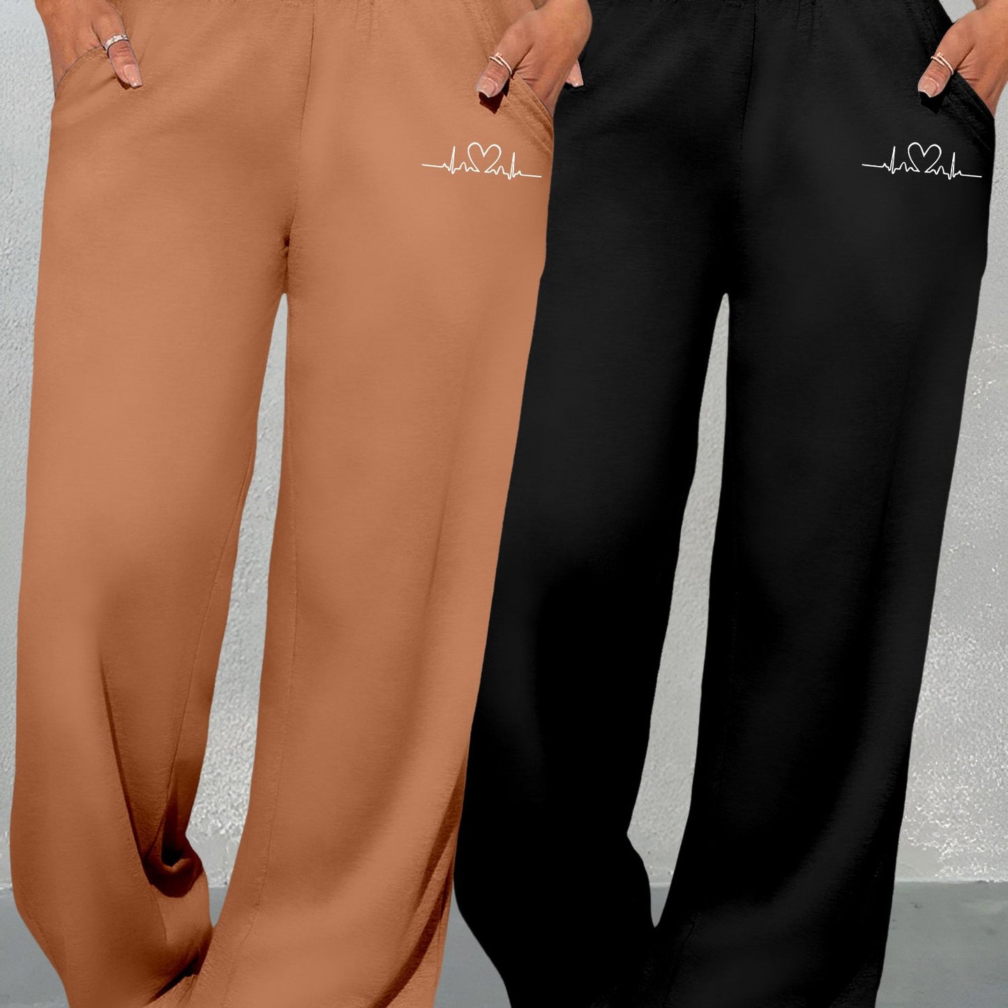 Women’s Geometric Love Print Two-Piece Set – Wide-Leg High-Waist Pants