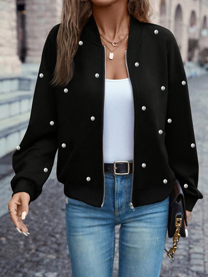 Pearl Embellished Baseball Jacket – Elegant Women’s Button-Up Outerwear