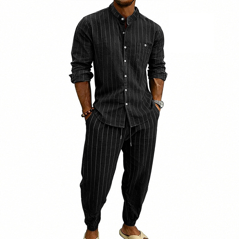 Men’s Striped Henley Set – Linen Jogger Streetwear Outfit