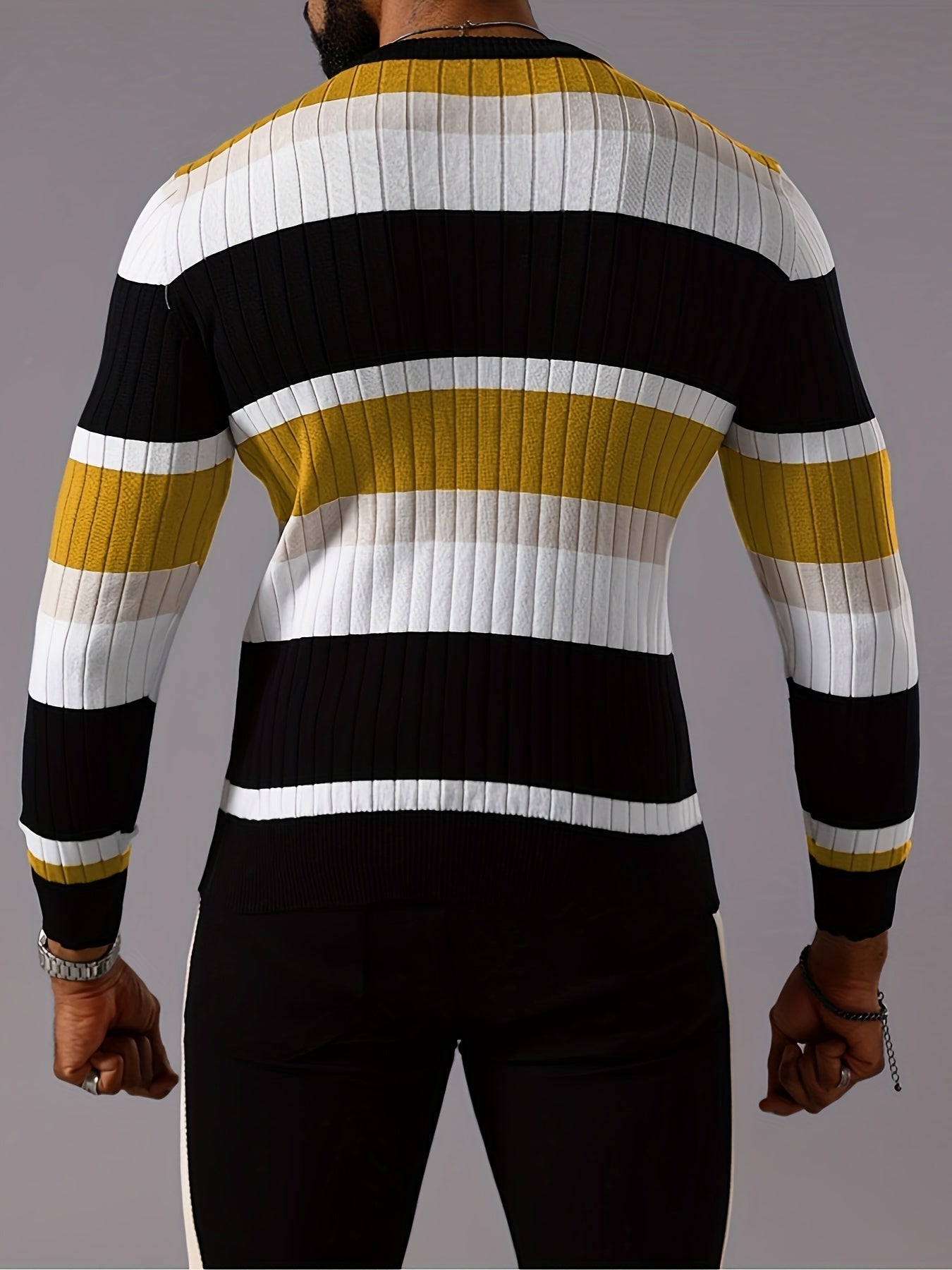 Men’s Striped Ribbed Knit Sweater – Color-Block Fall Winter Pullover