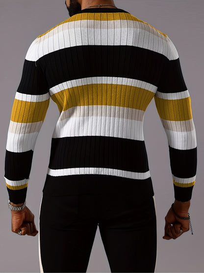 Men’s Striped Ribbed Knit Sweater – Color-Block Fall Winter Pullover