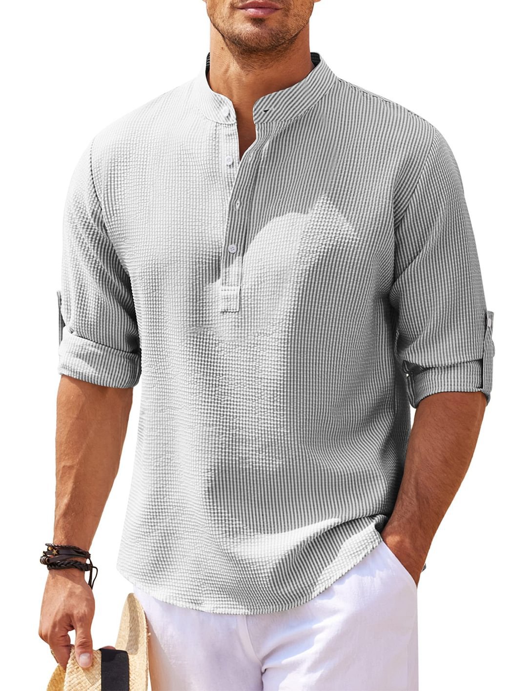 Chemise homme à col montant et manches longues – Pull décontracté coupe ample