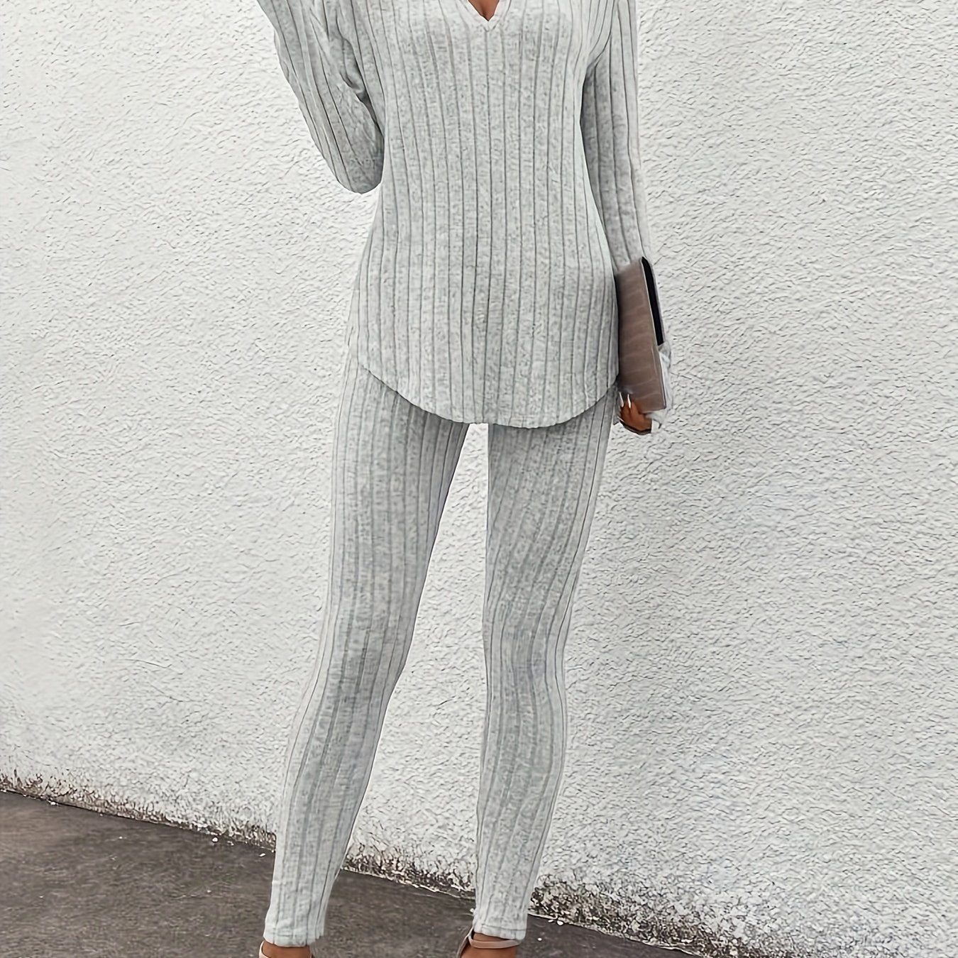 Ribbed Slim Fit Suit – Women’s V-Neck Long Sleeve Top & Pants Set
