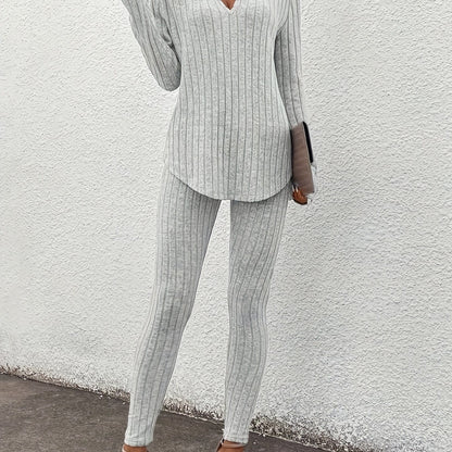 Ribbed Slim Fit Suit – Women’s V-Neck Long Sleeve Top & Pants Set