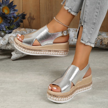 Loom & Soul™ Shiny Wedge Sandals – Women’s Hollow Fish Mouth Buckle Sandals