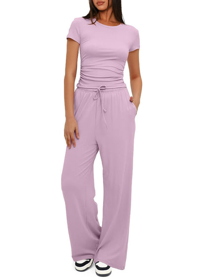 Loom & Soul™ 2-Piece Solid Color Yoga Set – Women’s Short-Sleeve Top & High-Waist Wide-Leg Pants