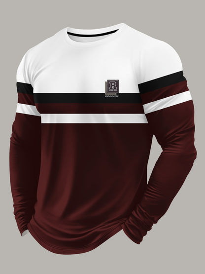 3D Geometric Street Tee – Wine Red Contrast Long Sleeve