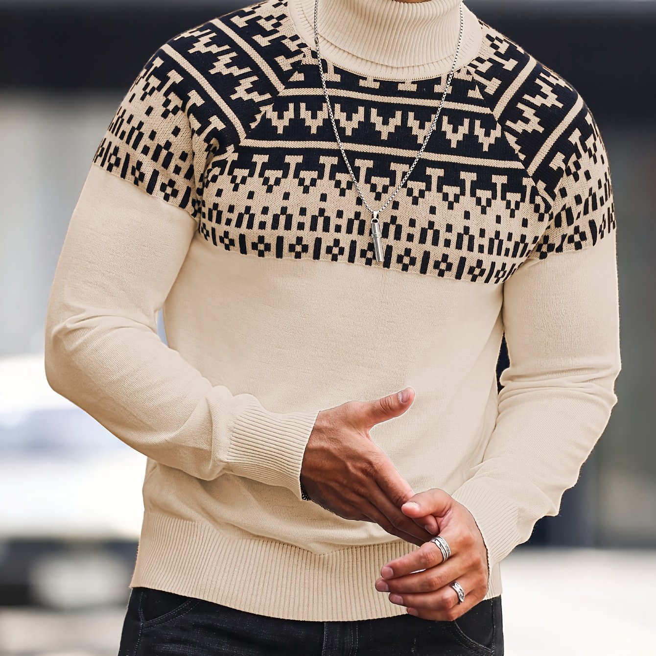 Suéter de cuello alto geométrico para hombre - Suéter informal de punto para otoño e invierno