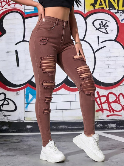 Women’s Brown Ripped Skinny Jeans – High Waist Stretch Fit