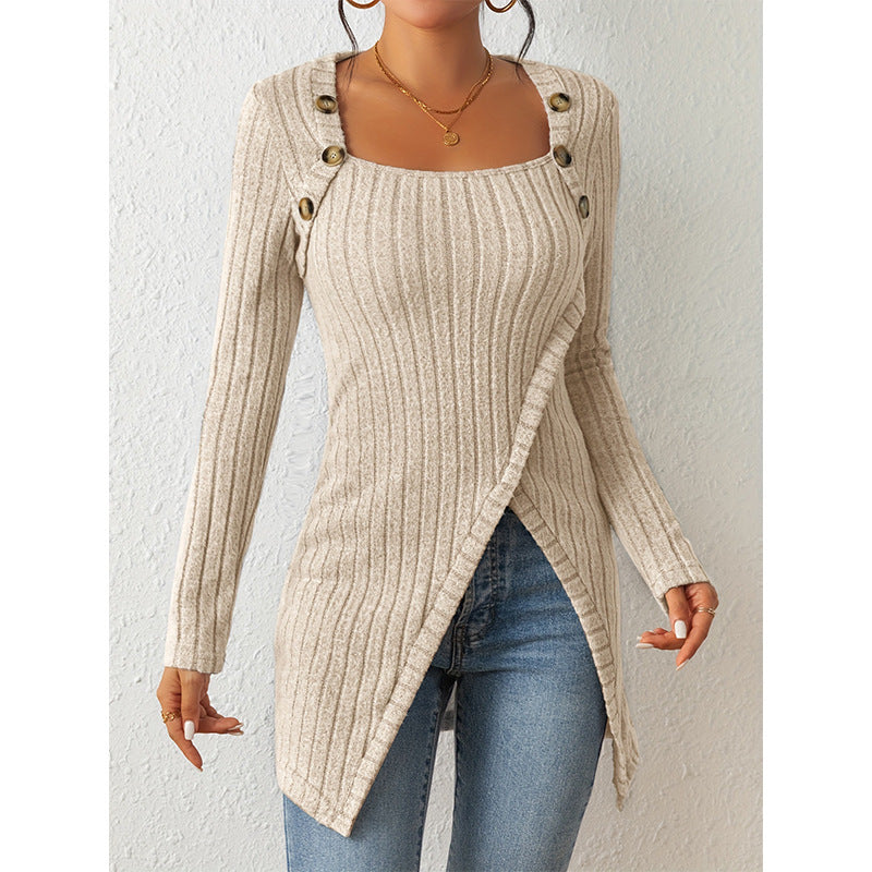 Women’s Off-Shoulder Square-Neck Slit Sweater – Elegant Knit Top
