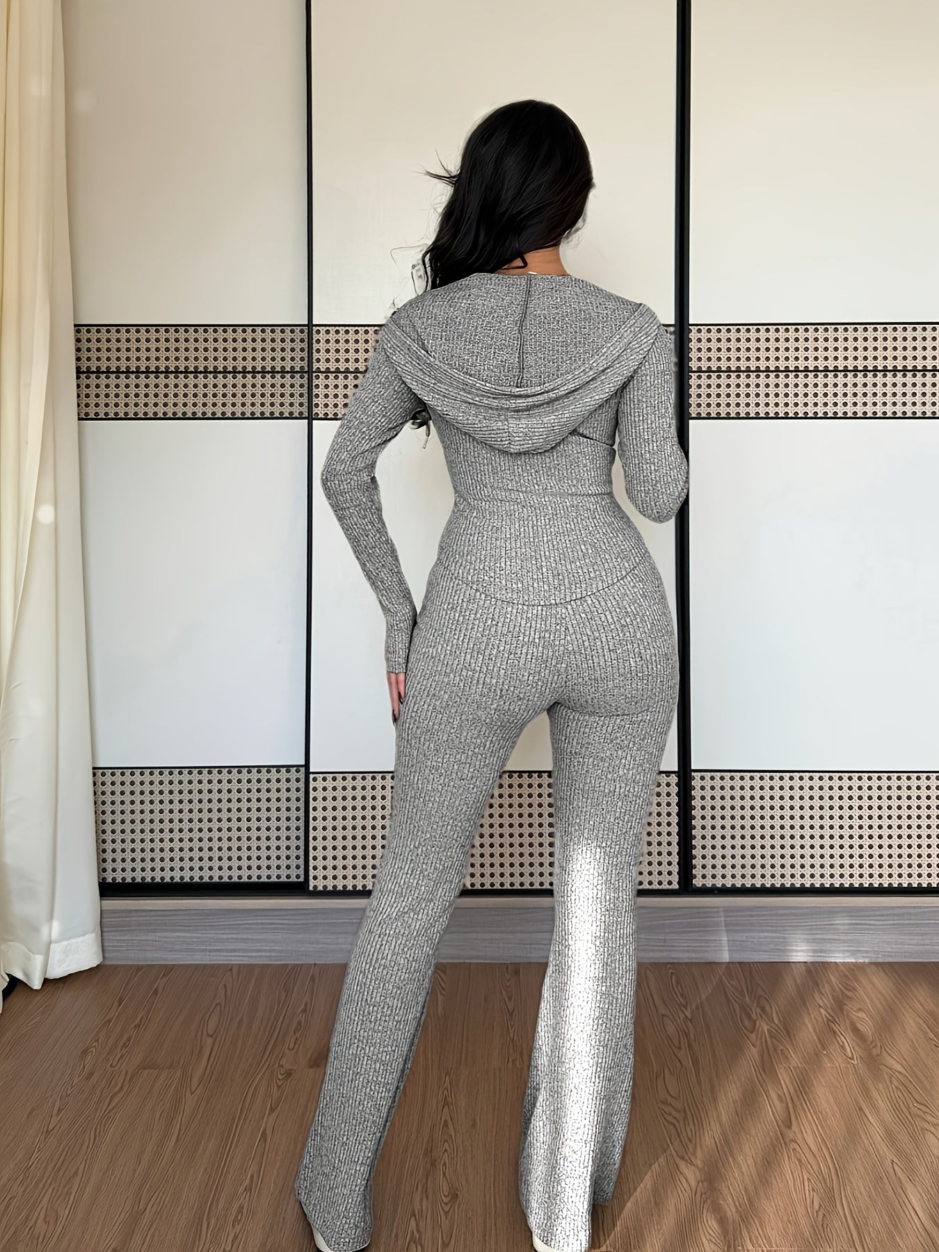 Hooded Zip-Up Set – Women’s Ribbed Flare Pants & Jacket Two-Piece