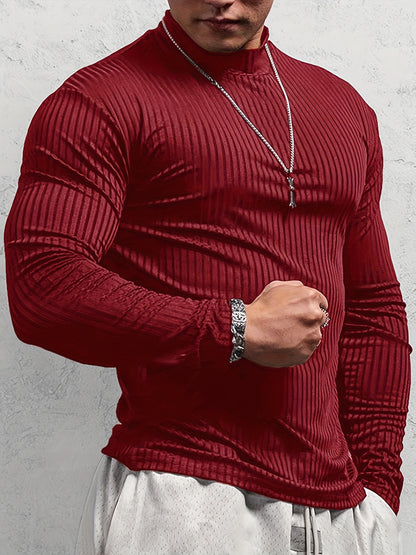 T-shirt côtelé ajusté à manches longues pour homme – Col montant athlétique