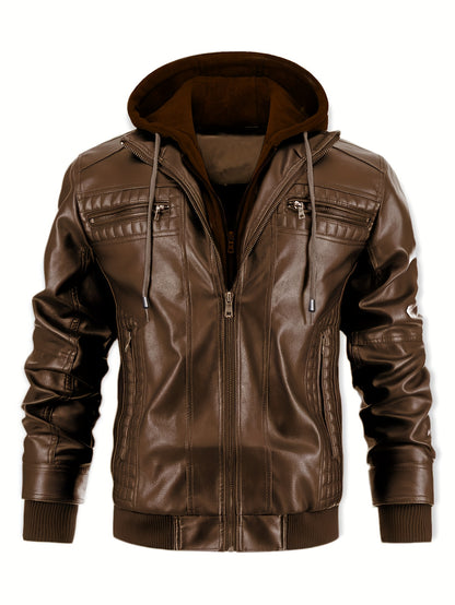 Chaqueta Bomber de Cuero Sintético para Hombre – Con Cremallera y Capucha Removible