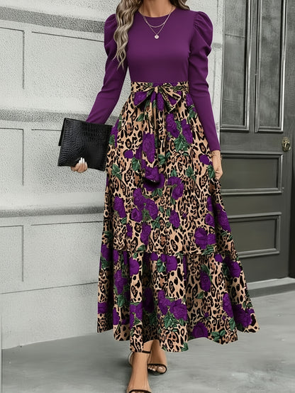Vestido con estampado de leopardo y retazos con lazo en la cintura – Vestido entallado de manga larga elegante