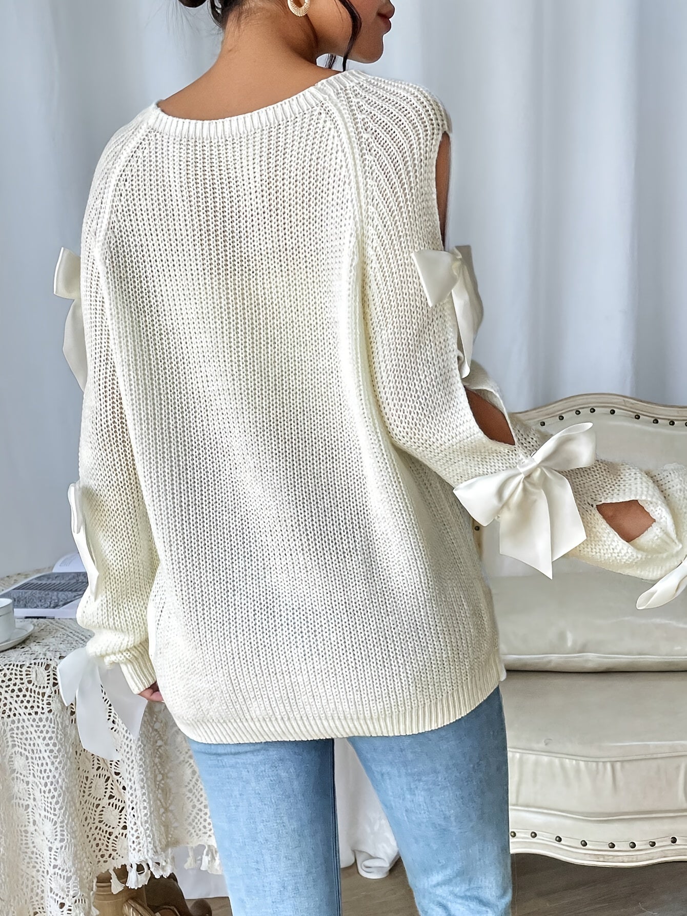 Bow-Knot Hollow Sleeve Sweater – Elegant Crew Neck Women’s Knit Top