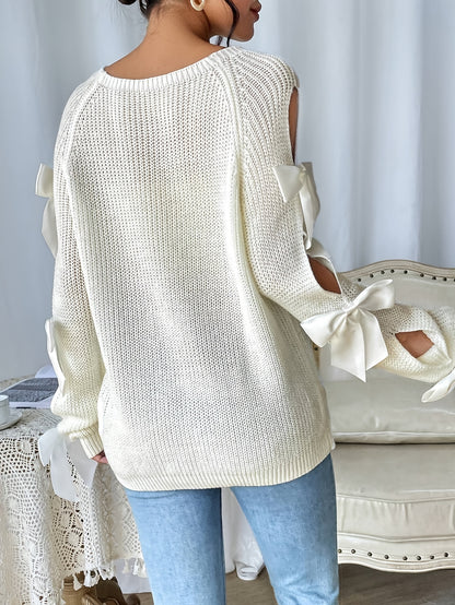 Bow-Knot Hollow Sleeve Sweater – Elegant Crew Neck Women’s Knit Top