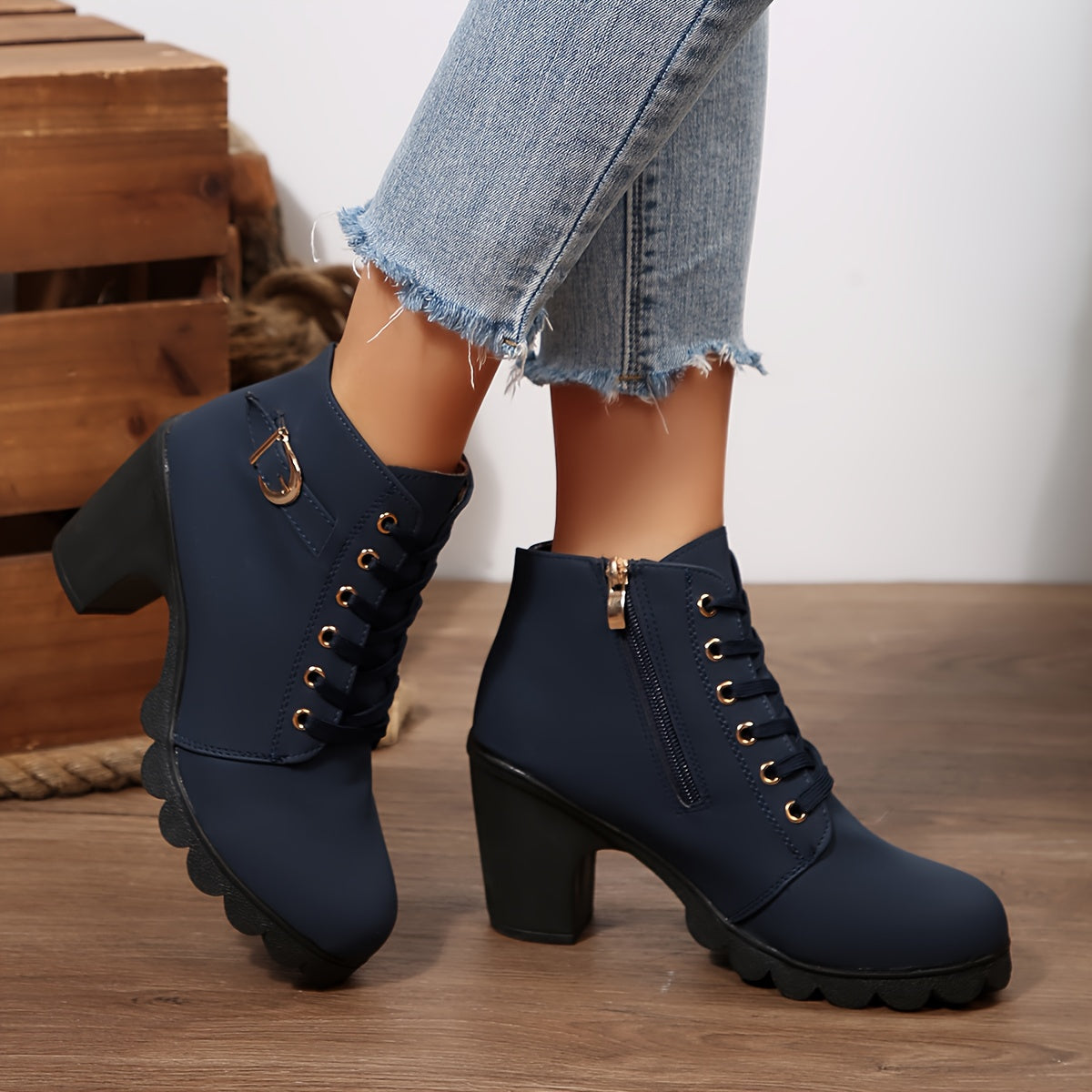 Botines de tacón alto para mujer - Tacón de bloque, elegantes, sin cordones