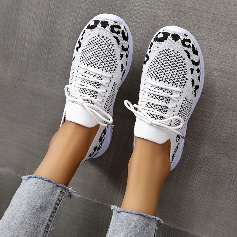 Loom & Soul Leopard Print Lace-Up Sneakers – Women’s Casual White Sports Shoes with Round Toe