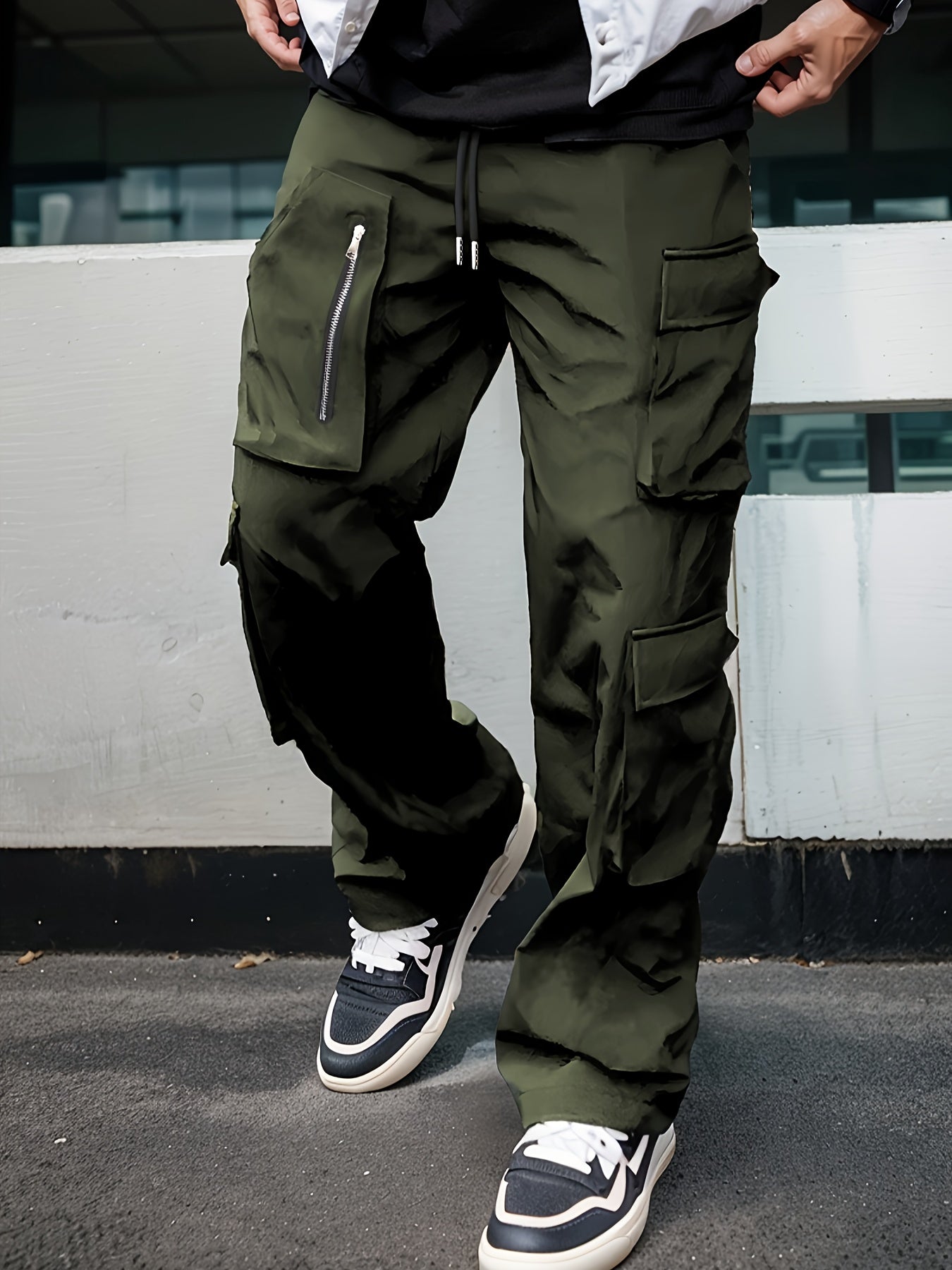 Men’s Green Cargo Pants – Loose Straight-Leg Elastic Waist Trousers
