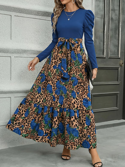 Vestido con estampado de leopardo y retazos con lazo en la cintura – Vestido entallado de manga larga elegante