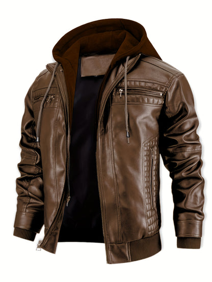 Chaqueta Bomber de Cuero Sintético para Hombre – Con Cremallera y Capucha Removible