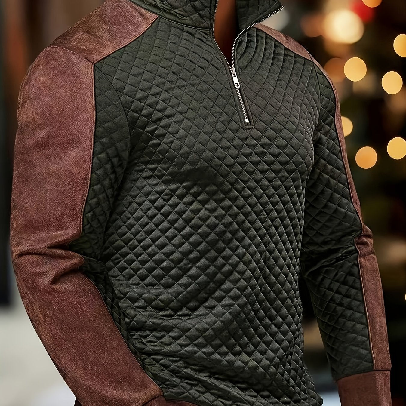 Henley zippé en maille diamant pour homme – Pull texturé color block