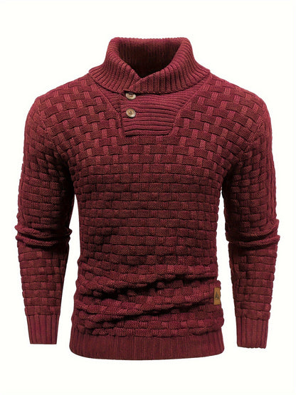 Men’s Waffle Knit Sweater – High Stretch Pullover with Lapel Collar