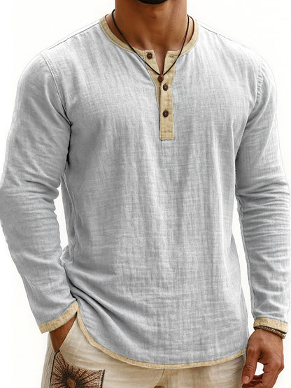 Camiseta Henley de manga larga con estampado digital bicolor para hombre – Corte ajustado de 3 botones