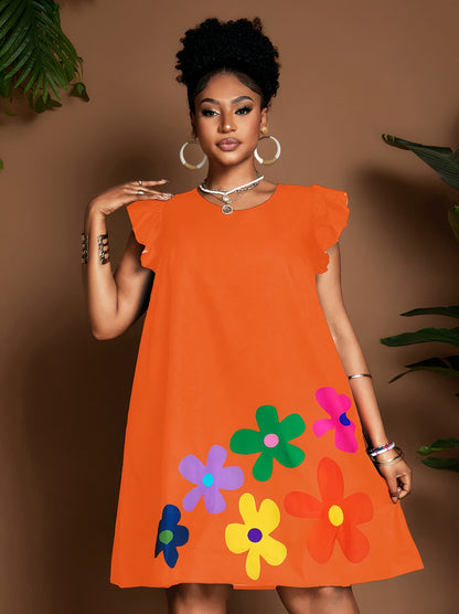 Vestido de verano con volantes en las mangas y estampado floral – Elegante vestido de verano hasta la rodilla