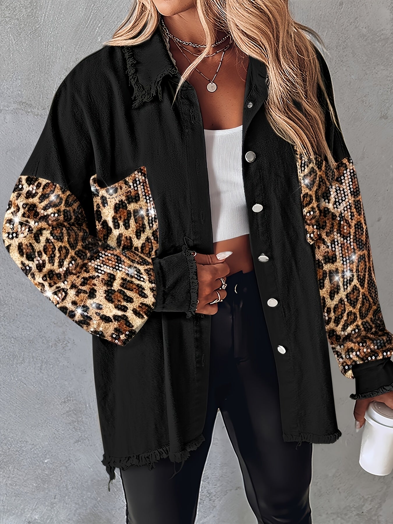 Women’s Sequin Tassel Patchwork Shacket – Fuzzy Contrast Long Sleeve Jacket