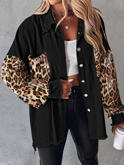 Women’s Sequin Tassel Patchwork Shacket – Fuzzy Contrast Long Sleeve Jacket