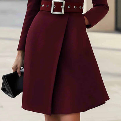 Vestido midi con cinturón y cuello alto para mujer – Elegancia de oficina de corte ajustado