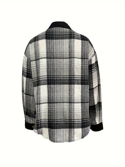 Women’s Plaid Lapel Jacket – Button-Up Drop Shoulder Fall/Spring Shacket